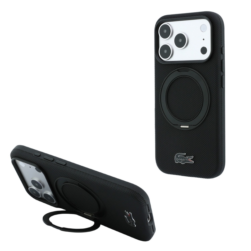 Lacoste PVC Petit Pique Semi Wrap Ring Stand MagSafe hátsó tok iPhone 18 Pro Max-hoz, fekete