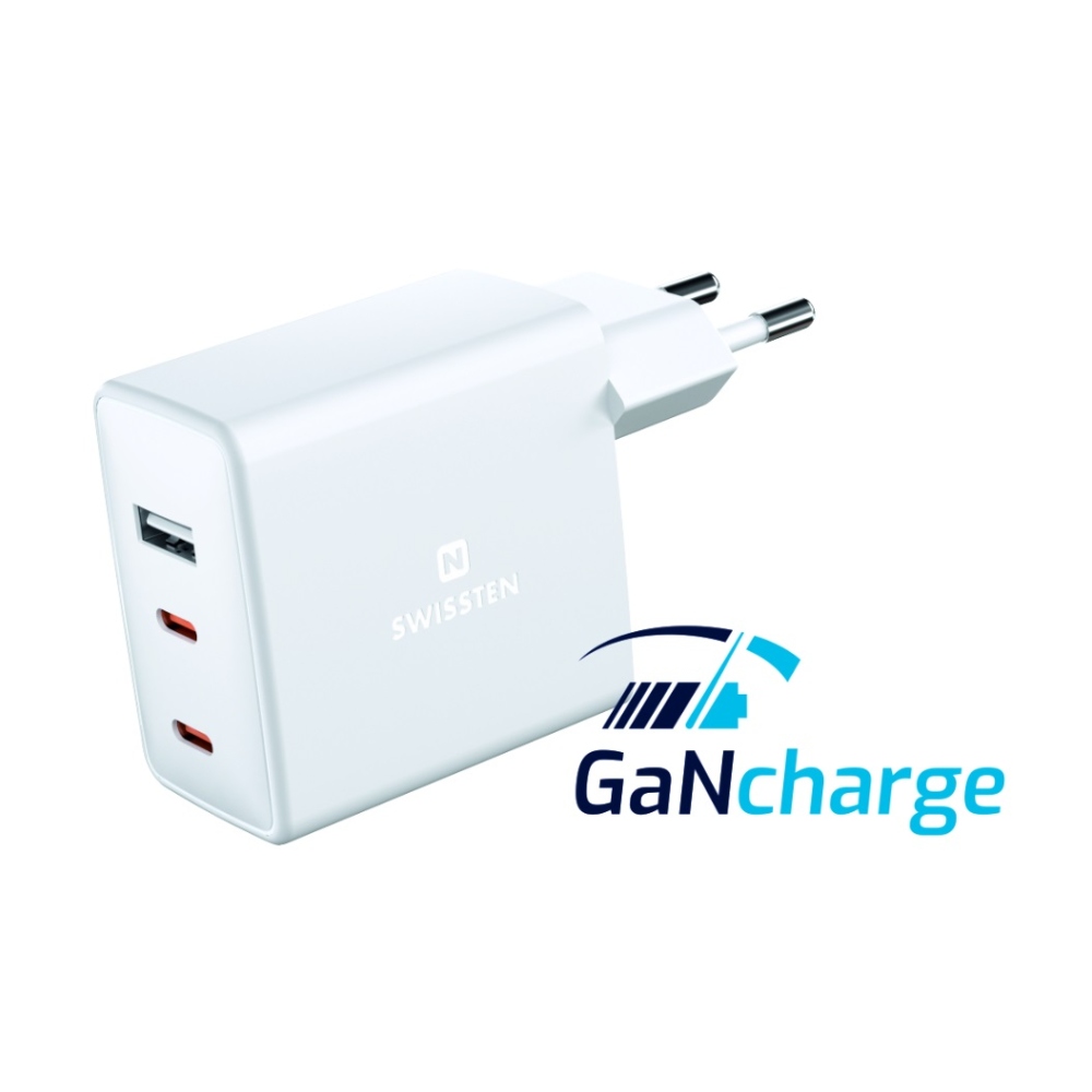 Swissten GaN 70W-os töltő, 2x USB-C, 1x USB - fehér
