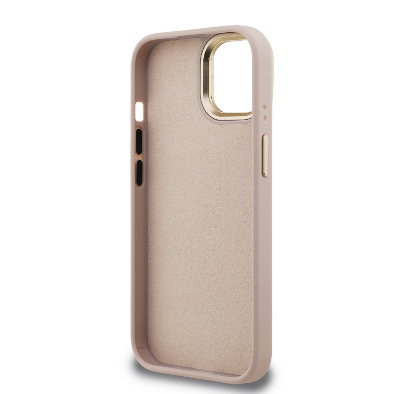 Guess PU 4G fém logó állvány kamera keret hátlap iPhone 15 rózsaszín