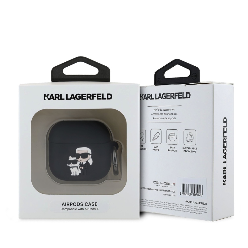Karl Lagerfeld 3D Logo NFT Karl és Choupette szilikon tok az AirPods 4 készülékhez Fekete