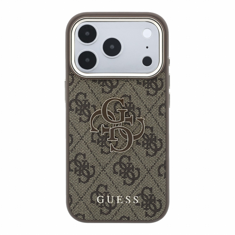 Guess PU 4G műgyanta-fém logós hátsó burkolat iPhone 18 Pro-hoz, barna