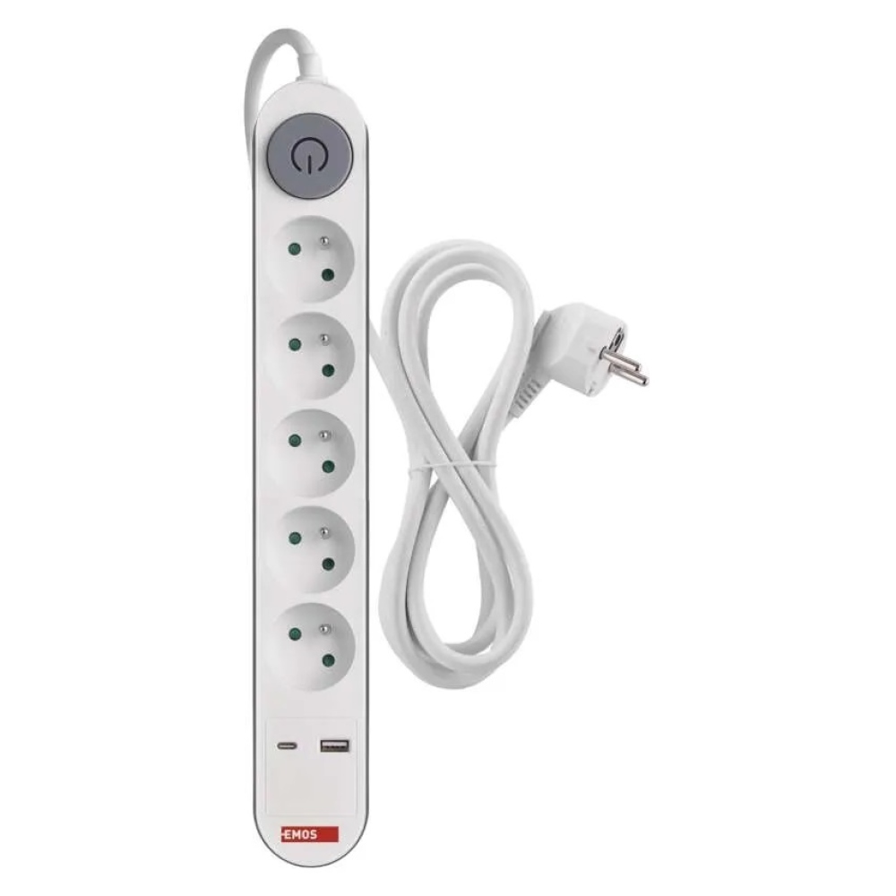 Hosszabbító kábel 3 m / 5 aljzat / kapcsolóval / fehér / 1×USB-A + 1×USB-C / 1,5 mm2