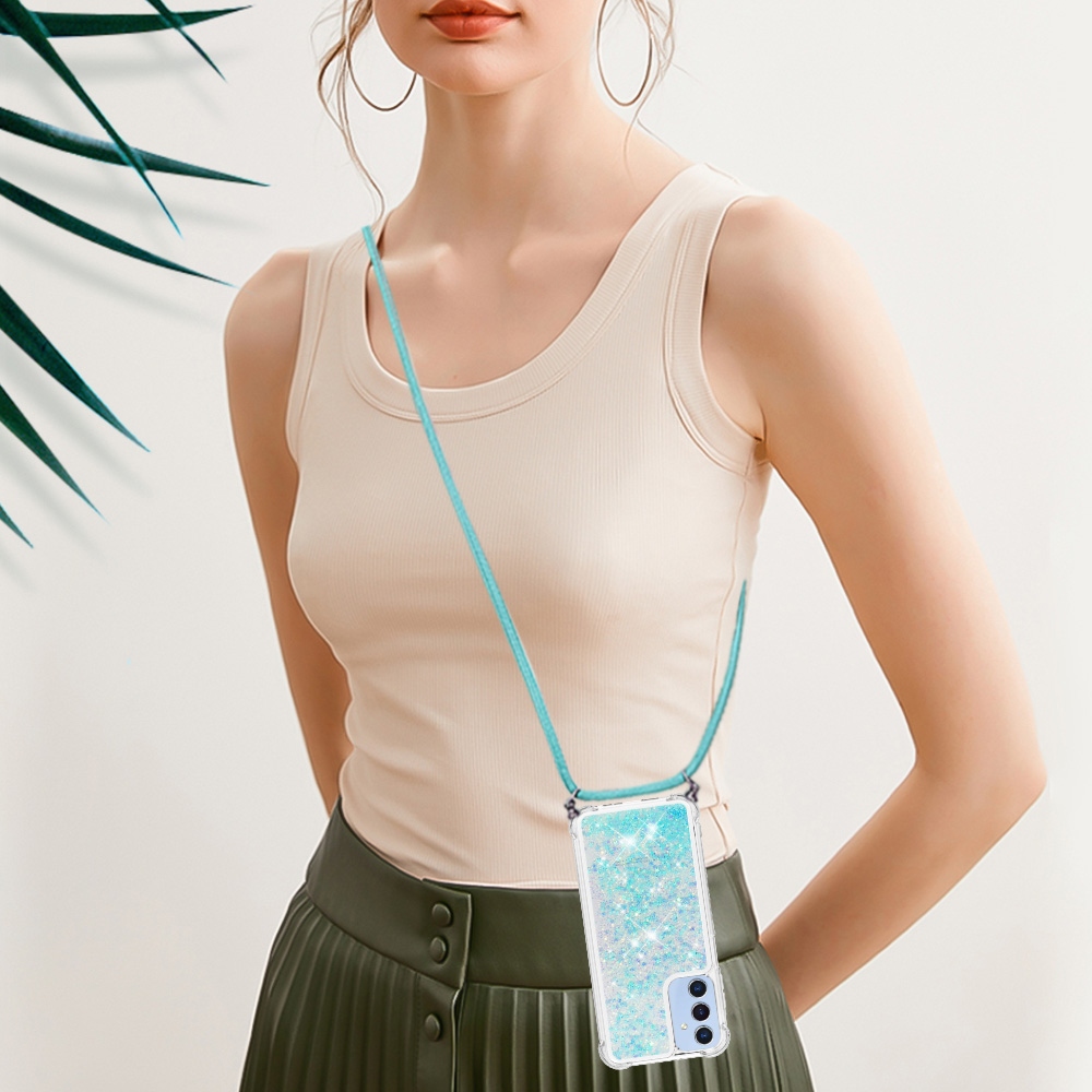 Csillogó homokóra zselés tok húzózsinórral Samsung Galaxy A17 4G/5G - kék/csillagok