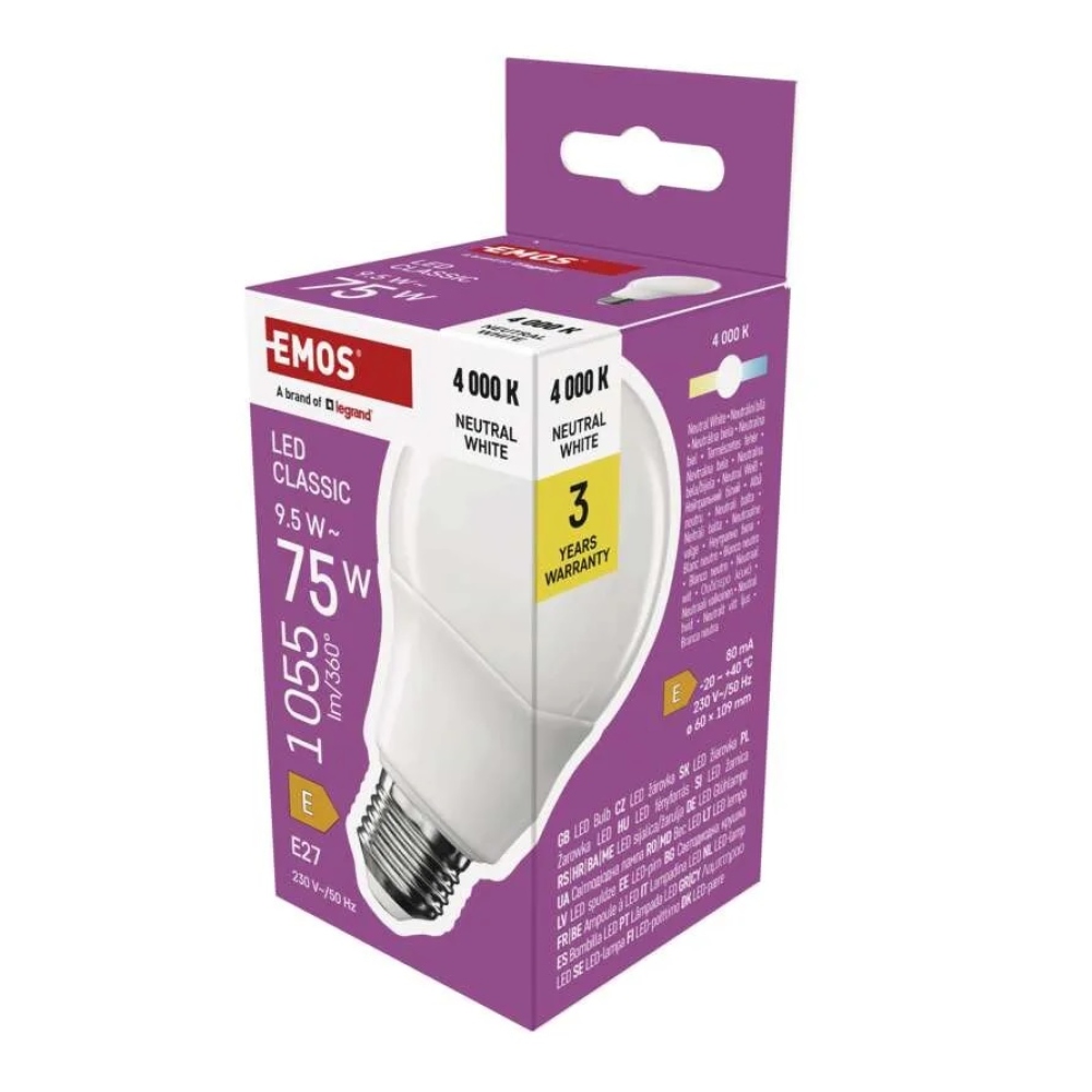LED izzó Classic A60 / E27 / 9,5 W (75 W) / 1055 lm / semleges fehér