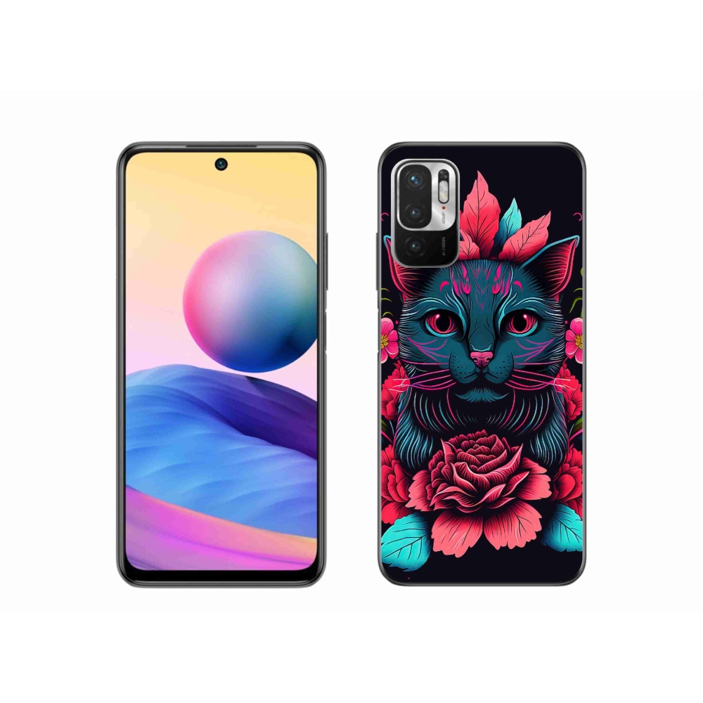 Gél borító mmCase a Xiaomi Redmi Note 10 5G számára - virágok és macska