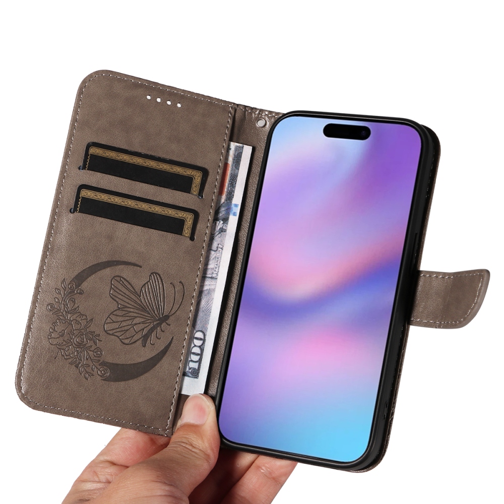 Virágos pillangó könyvtáska iPhone 17 készülékhez - szürke