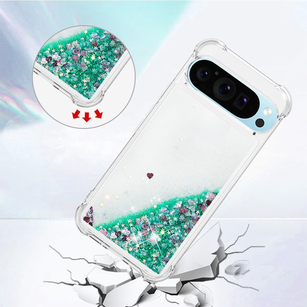 Csillogó homokóra zselés tok Google Pixel 10 Pro XL-hez - zöld/szív