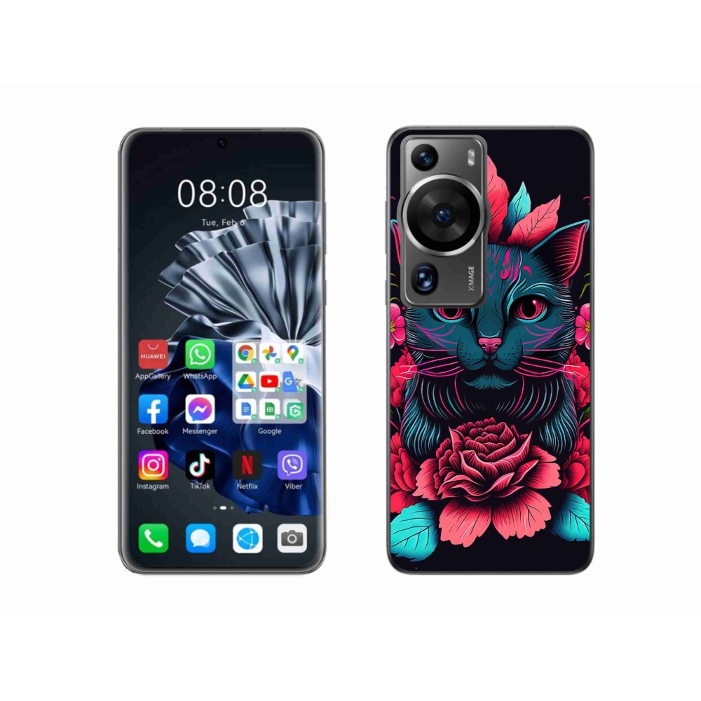 Gél borító mmCase a Huawei P60 Pro számára - virágok és macska