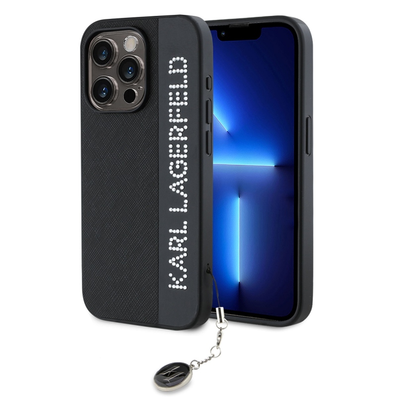 Karl Lagerfeld PU Saffiano strasszos varázslatos hátlap iPhone 15 Pro Max-hoz Fekete