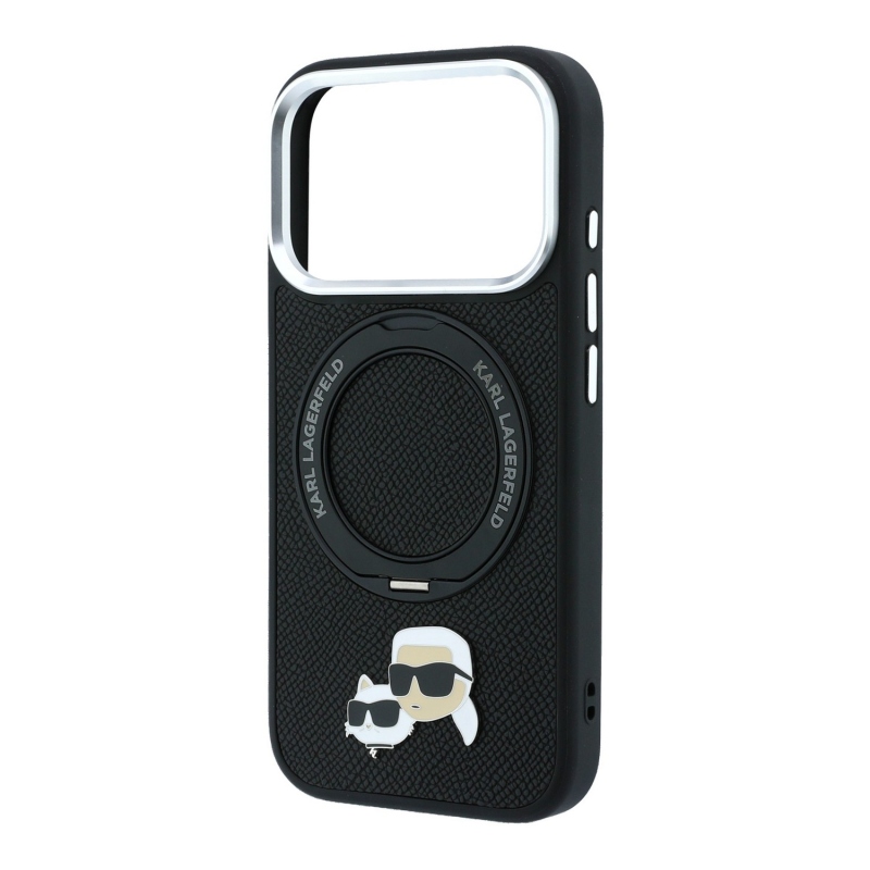 Karl Lagerfeld PU Grained K&CH Heads Ring Stand Magsafe hátsó tok iPhone 18 Pro-hoz, fekete