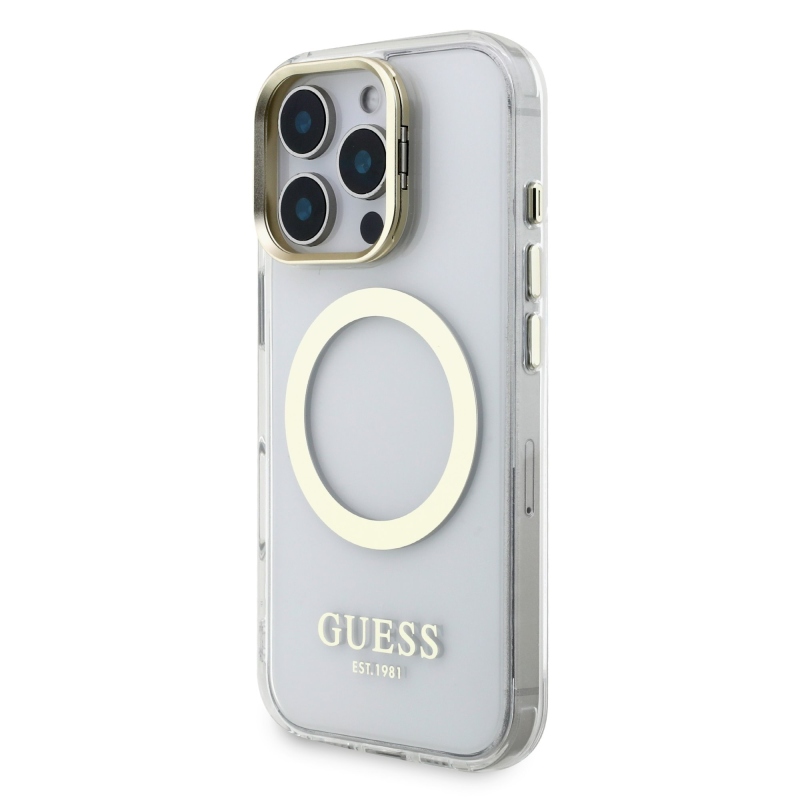 Guess IML Gold Outline Stand Kamera keret MagSafe hátlapi borító iPhone 16 Pro Max átlátszóhoz