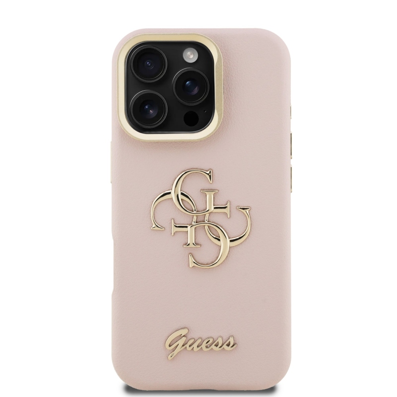 Guess PU szemcsés 4G logós állvány kamerakeret hátlap iPhone 16 Pro Max rózsaszínű iPhone 16 Pro Max-hoz