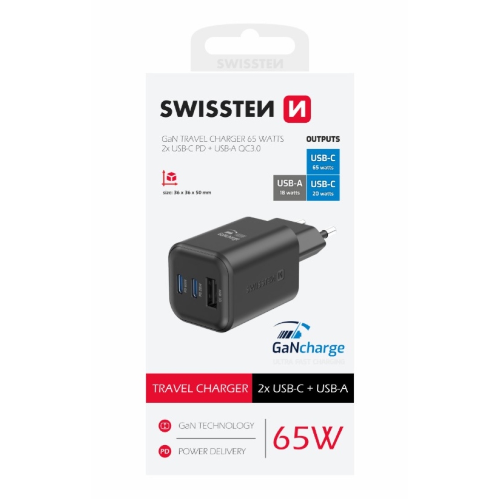Swissten GaN töltő 2x USB-C 65W PD + 1x USB-A 18W QC - fekete