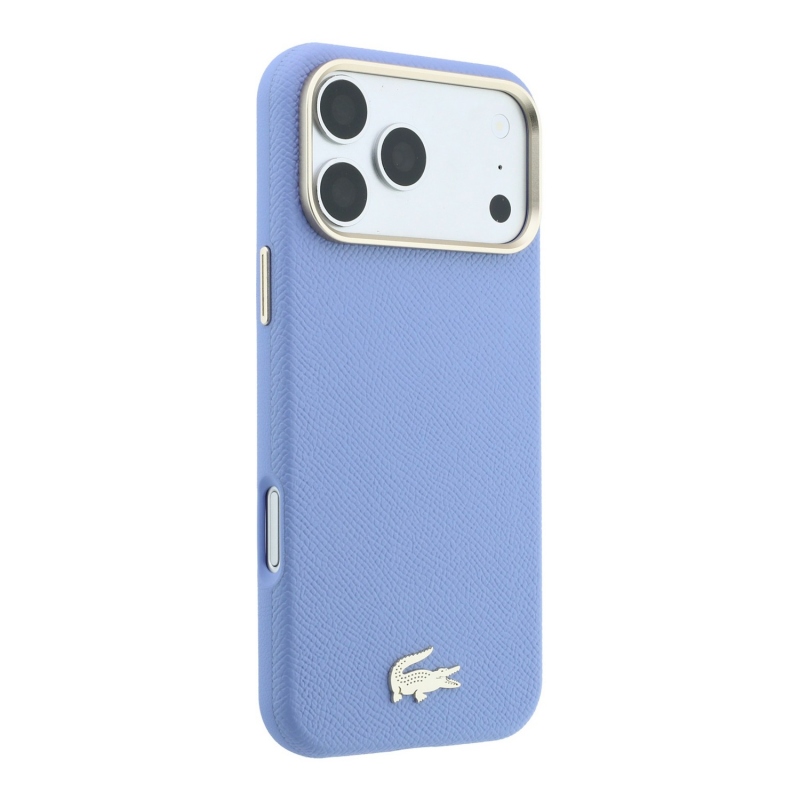 Lacoste PU bőr Champs-Élysées arany logós MagSafe hátsó tok iPhone 18 Pro-hoz, kék