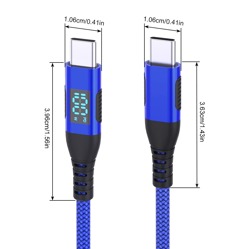 Nejlon USB-C / USB-C kijelzőkábellel 1m 100W - kék