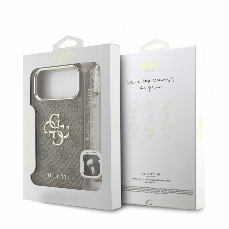 Guess PU 4G fém logós pántos hátlap az iPhone 18 Pro Max-hoz, barna