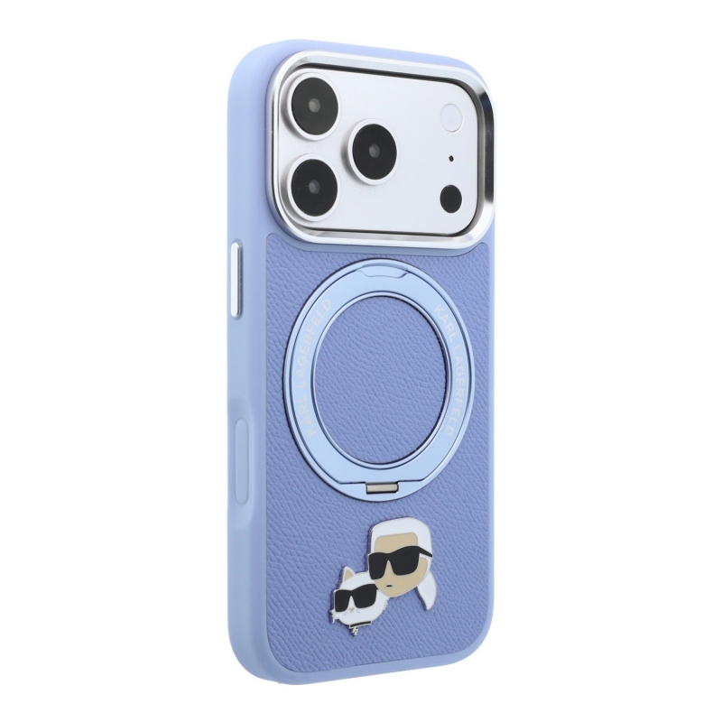 Karl Lagerfeld PU Grained K&CH Heads Ring Stand Magsafe hátsó tok iPhone 18 Pro-hoz, kék