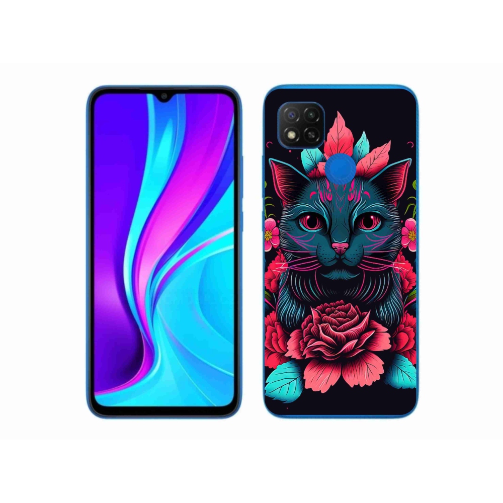 Gél borító mmCase a Xiaomi Redmi 9C-hez - virágok és macska