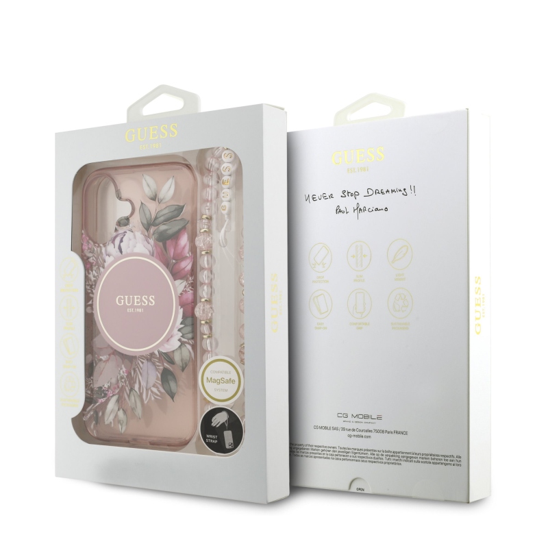 Guess IML Virágok szíj MagSafe hátlap iPhone 17 rózsaszínű borítóhoz
