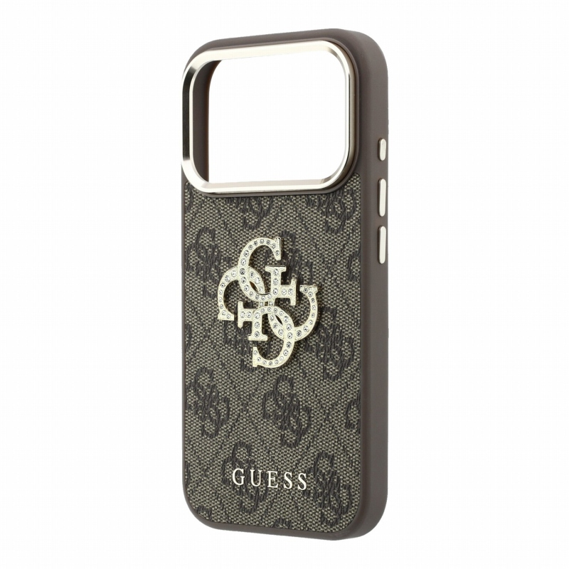Guess PU 4G Strass Metal Logo hátsó tok iPhone 18 Pro-hoz, barna