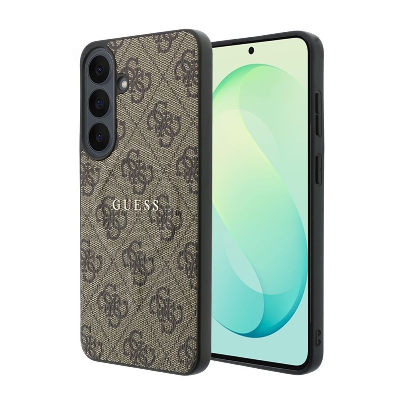 Guess PU bőr 4G aranykeretes mágneses hátlap a Samsung Galaxy S26 FE-hez, barna