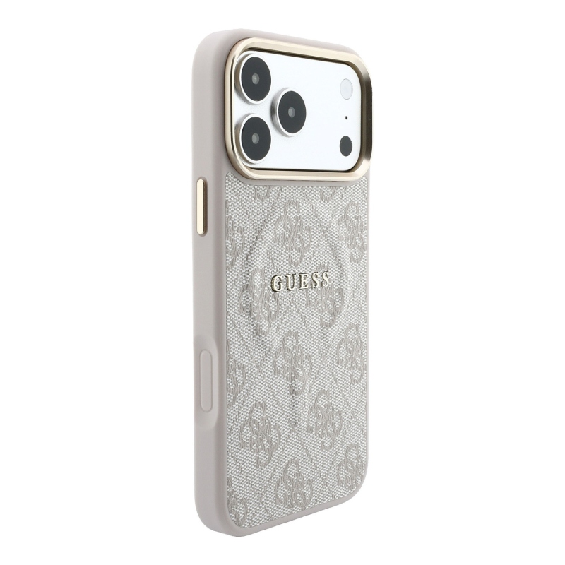 Guess PU bőr 4G aranykeretes, dombornyomott MagSafe hátsó tok iPhone 18 Pro-hoz, rózsaszín