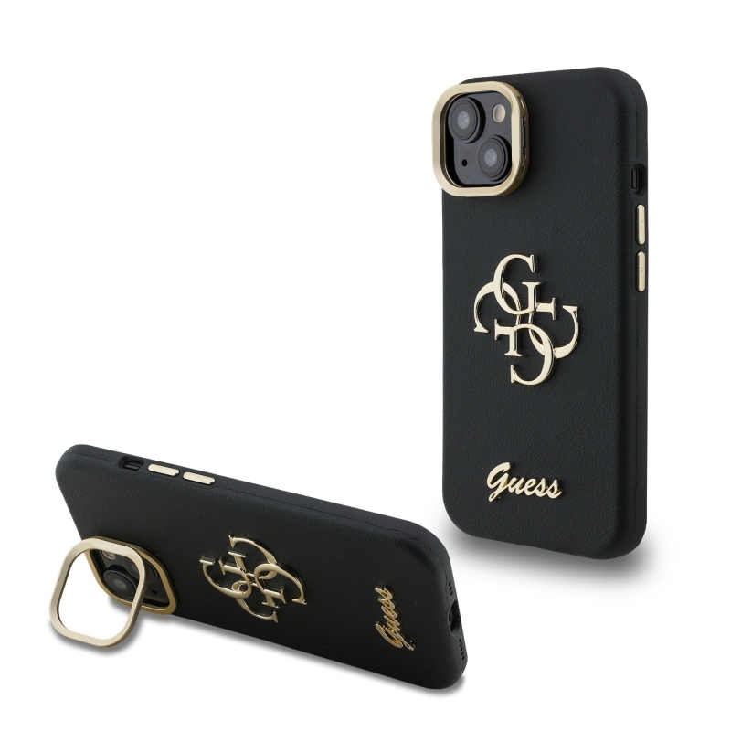 Guess PU szemcsés 4G Logo Stand Kamera keret hátlapi borító iPhone 15 Fekete