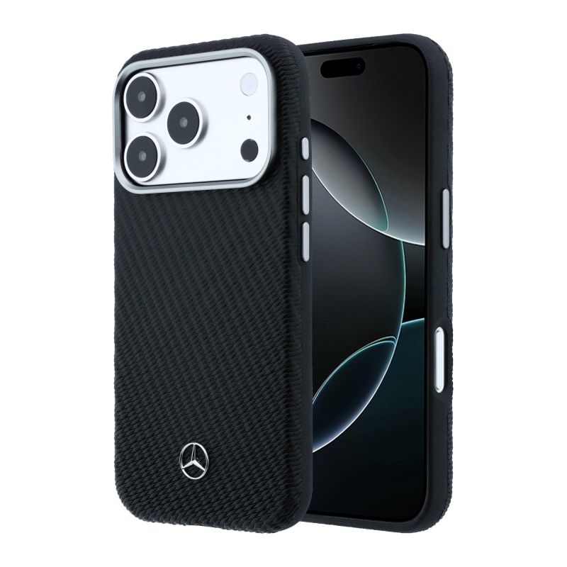 Mercedes PU bőr Semi Wrap MagSafe hátlap az iPhone 17 Pro Max-hoz Fekete fekete