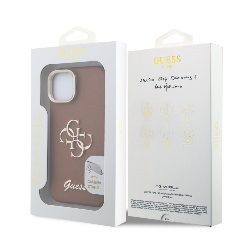 Guess PU szemcsés 4G Logo Stand Kamera keret hátlapi borító iPhone 14 barna Brownhoz