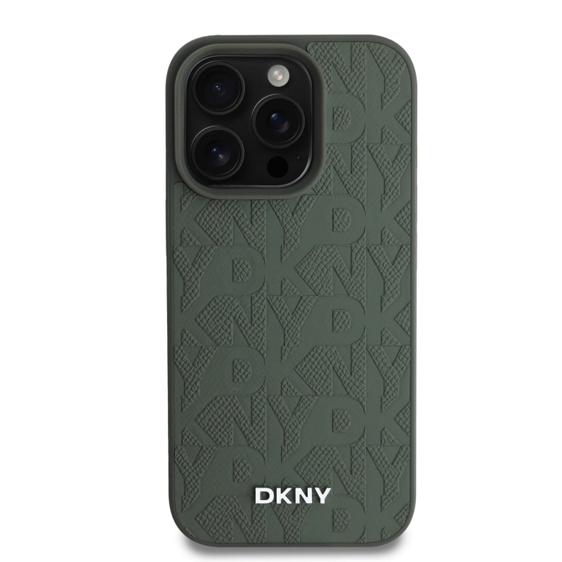 DKNY Magsafe PU bőr rácsmintás hátlap iPhone 16 Pro készülékhez, zöld