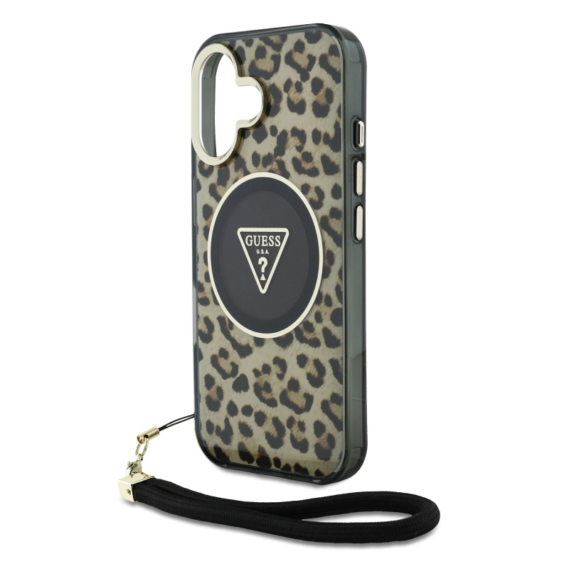 Guess IML Leopard Leopárd háromszög logó szíj MagSafe hátlap iPhone 16 barna