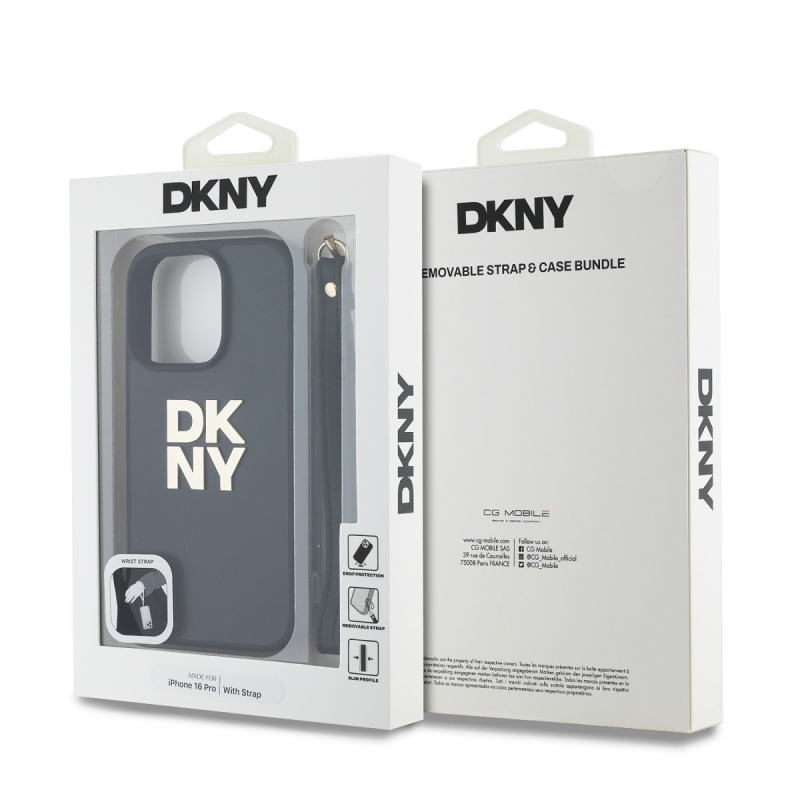 DKNY PU bőr Stack Logo csuklópánt hátlapi borító iPhone 16 Pro Fekete