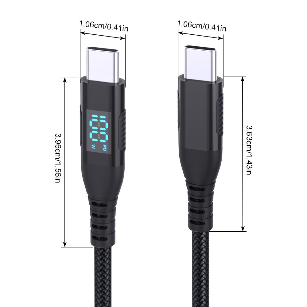 Nejlon USB-C / USB-C kijelzőkábellel 1m 100W - fekete