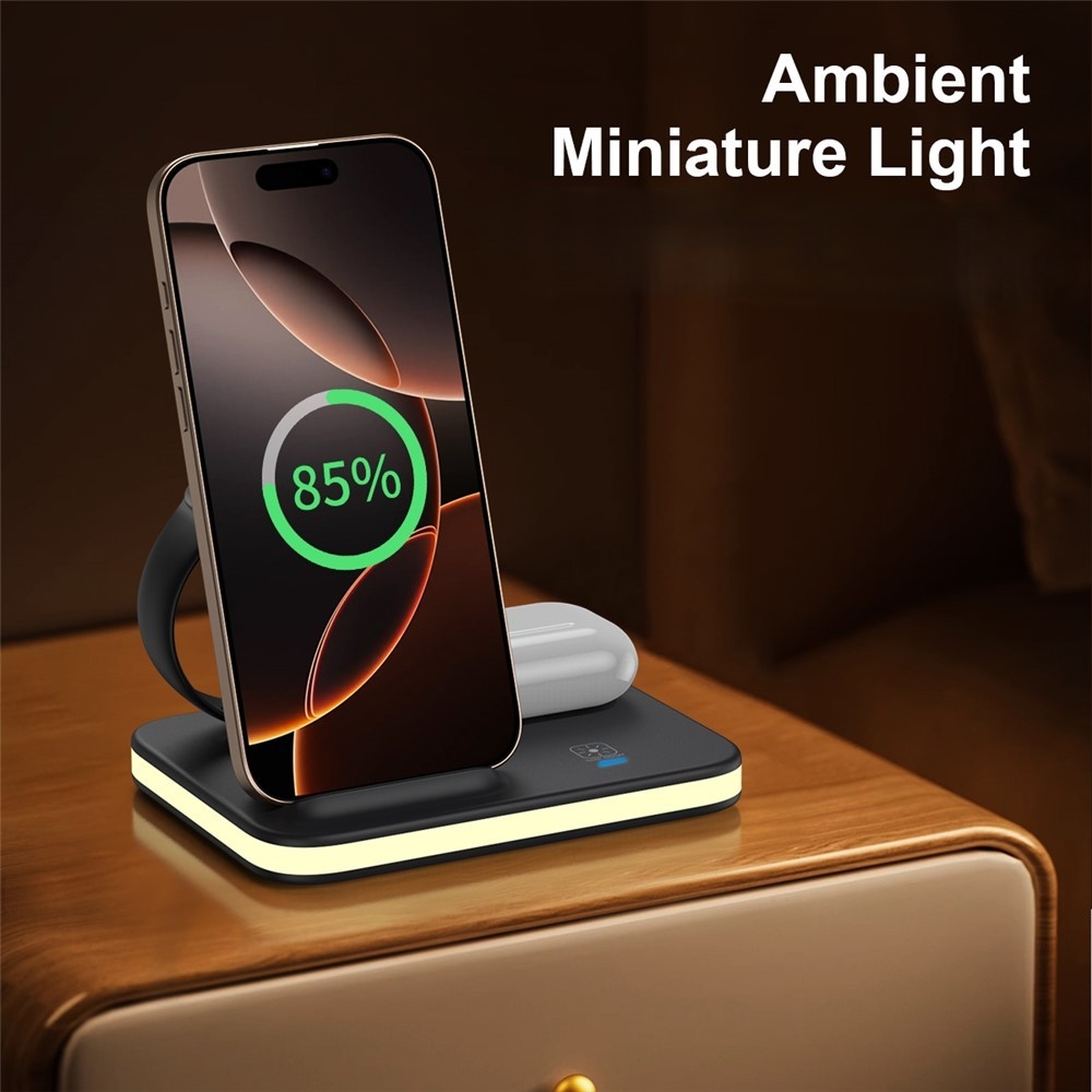 E16 Összecsukható Vezeték Nélküli Töltőállomás 3 az 1-ben Éjszakai Fénnyel - Fekete