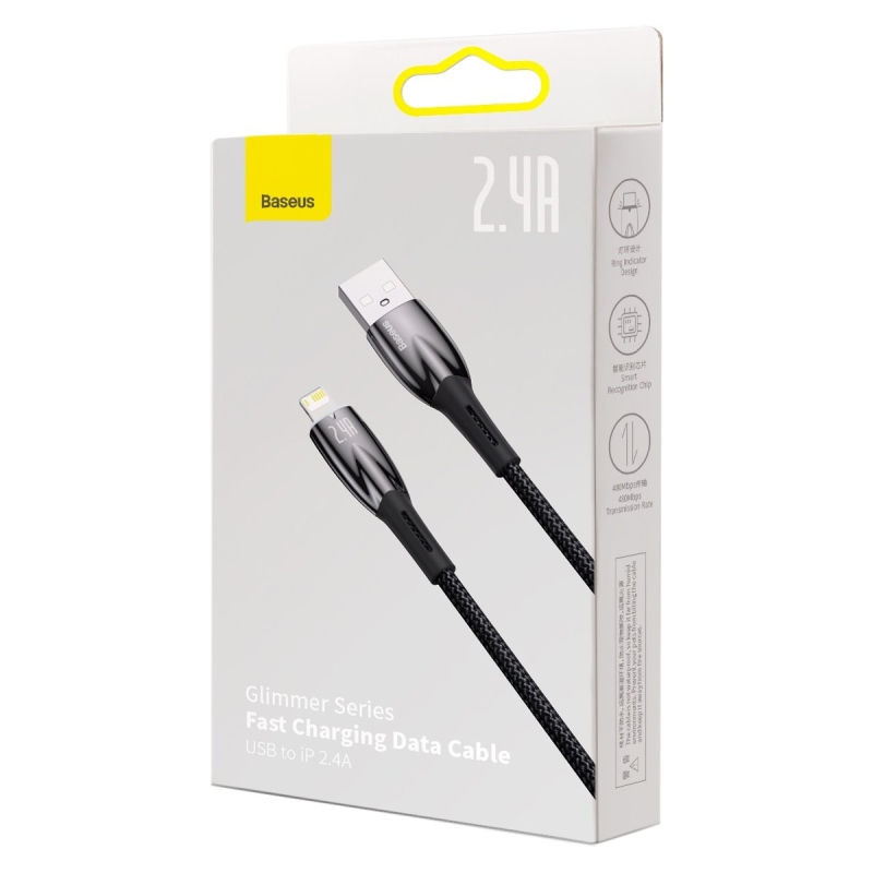 Baseus Glimmer sorozatú gyors töltő adatkábel USB-A - világítás 2.4A 2m Fekete