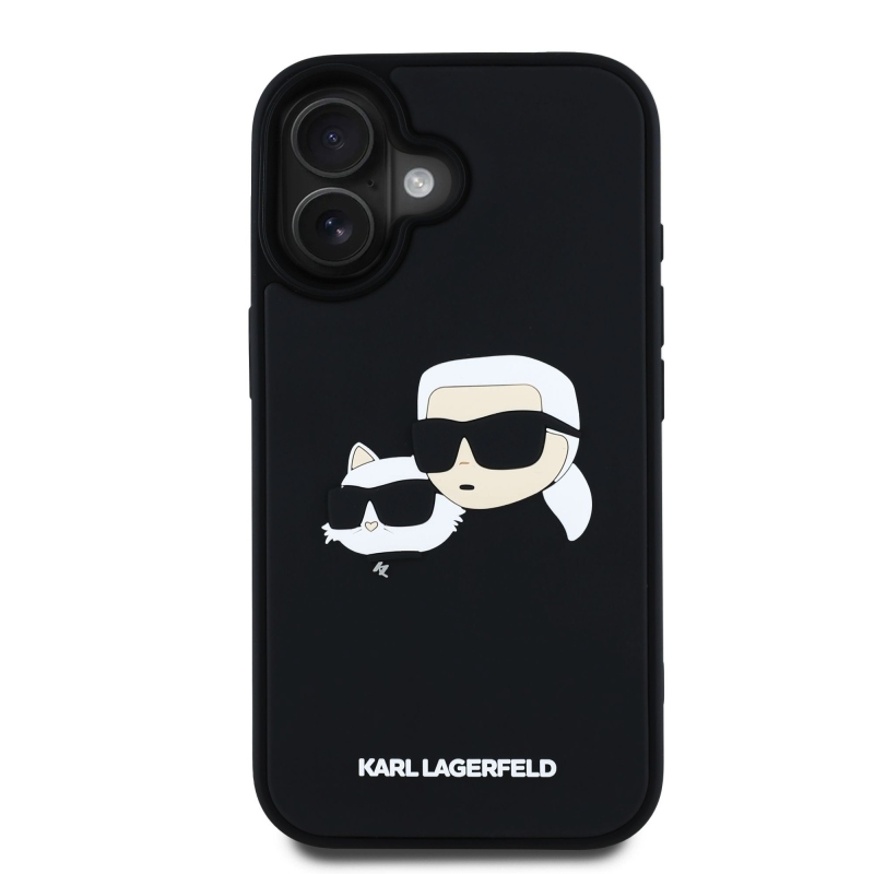 Karl Lagerfeld 3D gumiból készült duplafejű hátlap iPhone 16-hoz Fekete