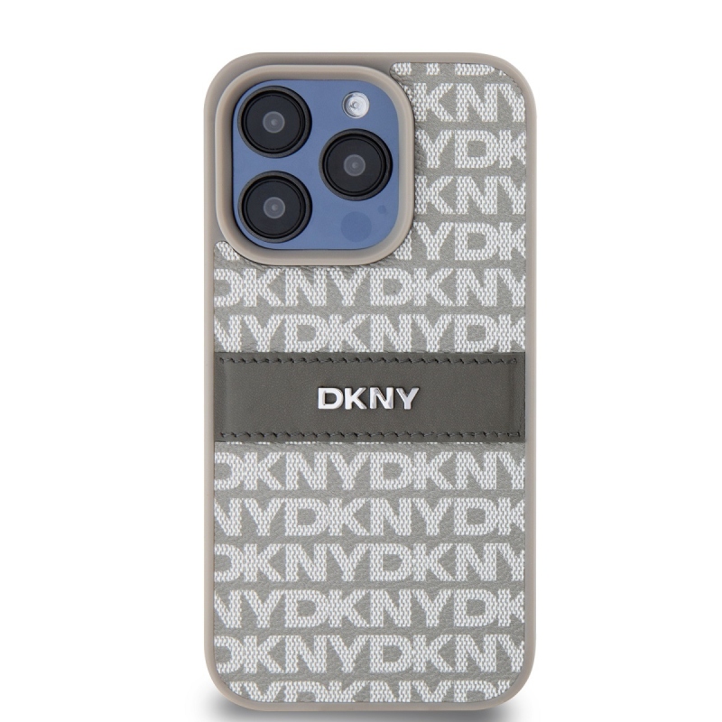 DKNY PU bőr ismétlődő mintás tonális csíkos hátlapi borító iPhone 14 Pro Max bézs színűhöz
