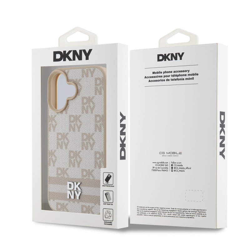 DKNY PU bőr kockás mintás és csíkos hátlapi borító iPhone 16 rózsaszínhez