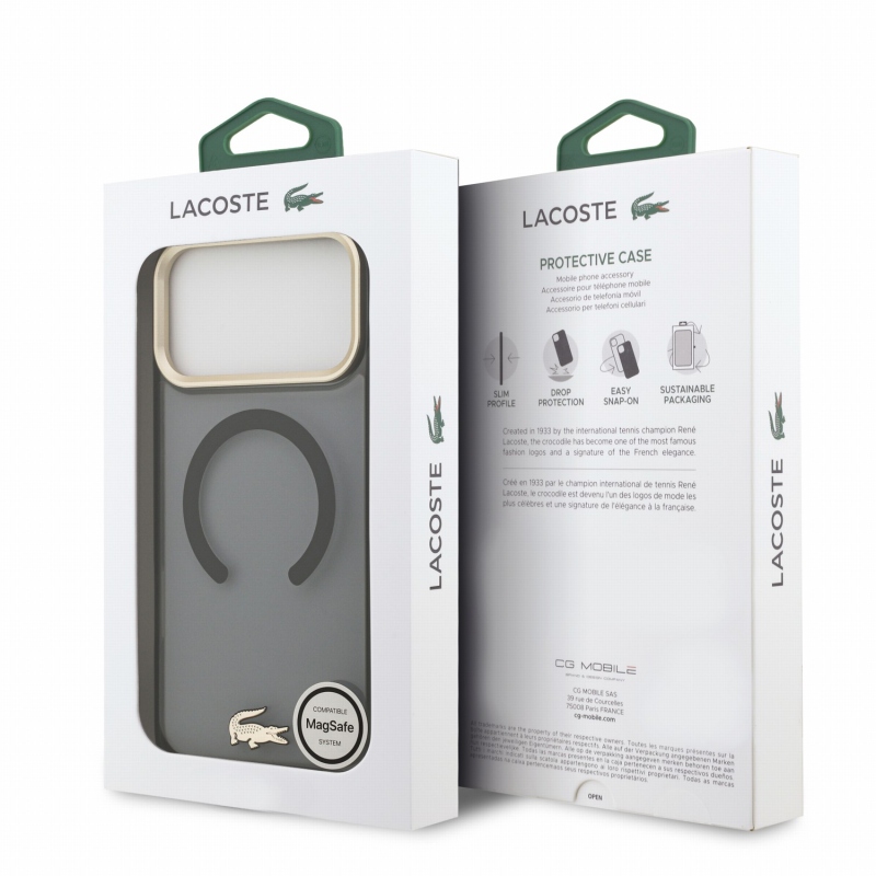 Lacoste IML ütésálló Petit Pique arany logós MagSafe hátsó tok iPhone 18 Pro Max-hoz, fekete