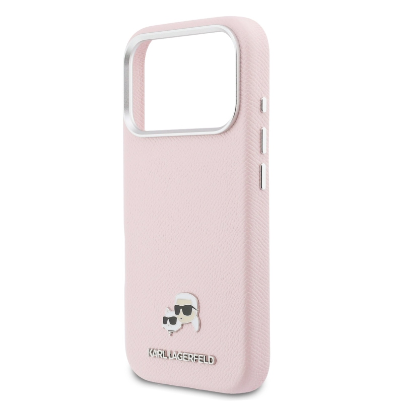 Karl Lagerfeld PU Karl és Choupette fejek tűk MagSafe hátlap iPhone 17 Pro Max rózsaszínű borítóhoz