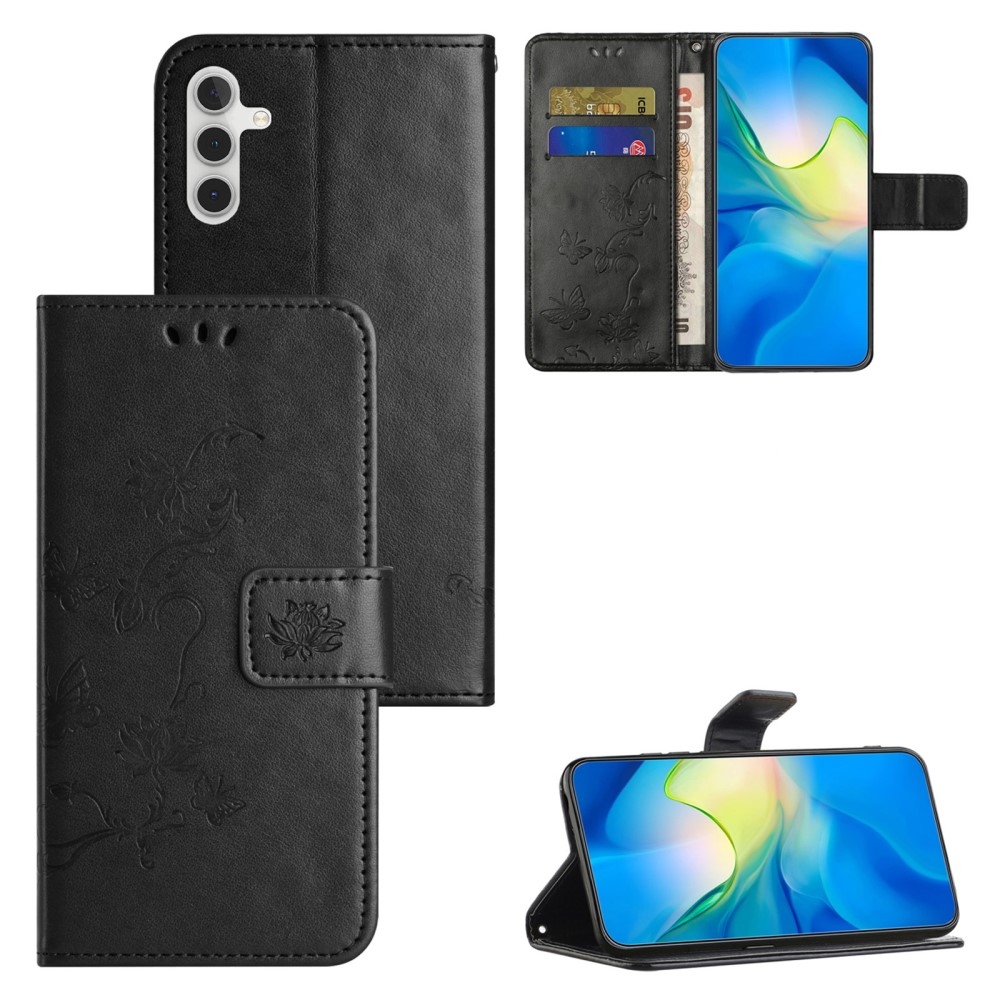 Virágos könyvtáska Samsung Galaxy S24 FE készülékhez - fekete