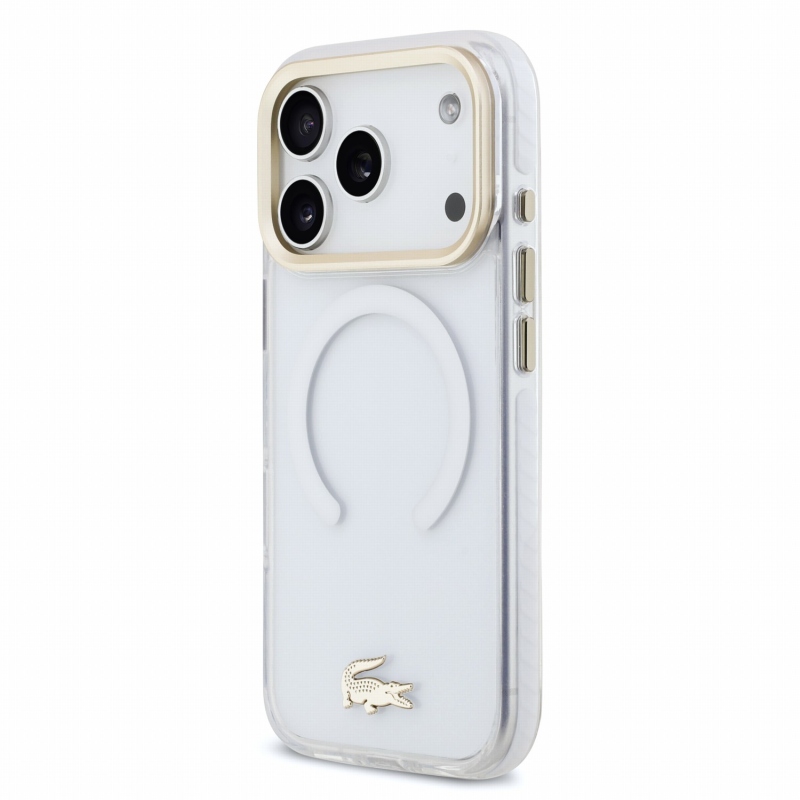 Lacoste IML ütésálló Petit Pique arany logós MagSafe hátsó tok iPhone 18 Pro-hoz, átlátszó