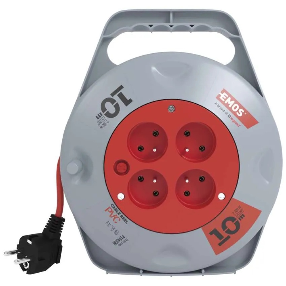 Hosszabbító kábel dobon 10 m / 4 aljzat / piros / PVC / 230 V / 1 mm2
