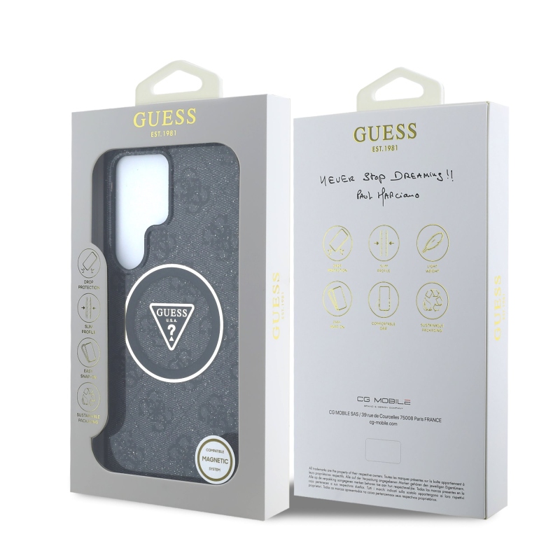 Guess IML 4G csillogó és háromszög logó MagSafe hátlap Samsung Galaxy S25 Ultra fekete