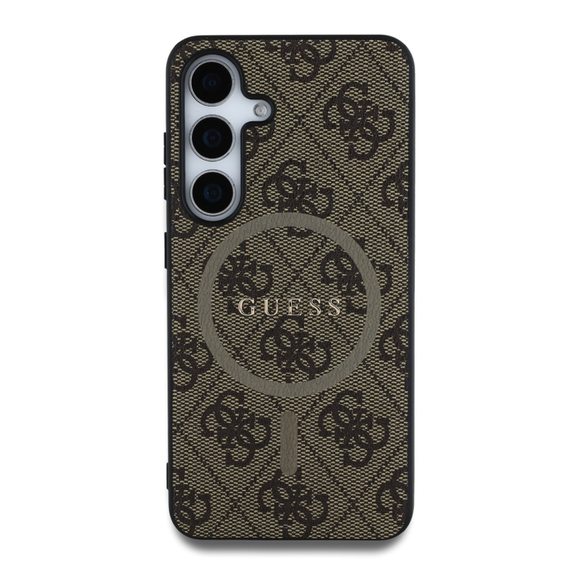 Guess PU bőr 4G színes gyűrűs MagSafe hátlap Samsung Galaxy S25 barna