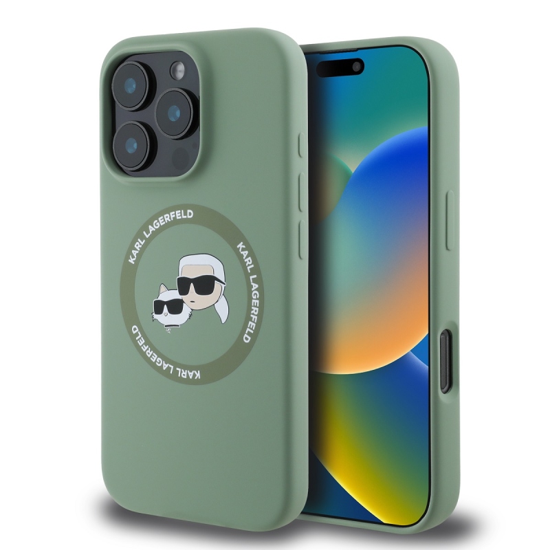 Karl Lagerfeld Liquid Silicone K&CH Heads MagSafe hátlapi borító iPhone 16 Pro készülékhez Khaki színű