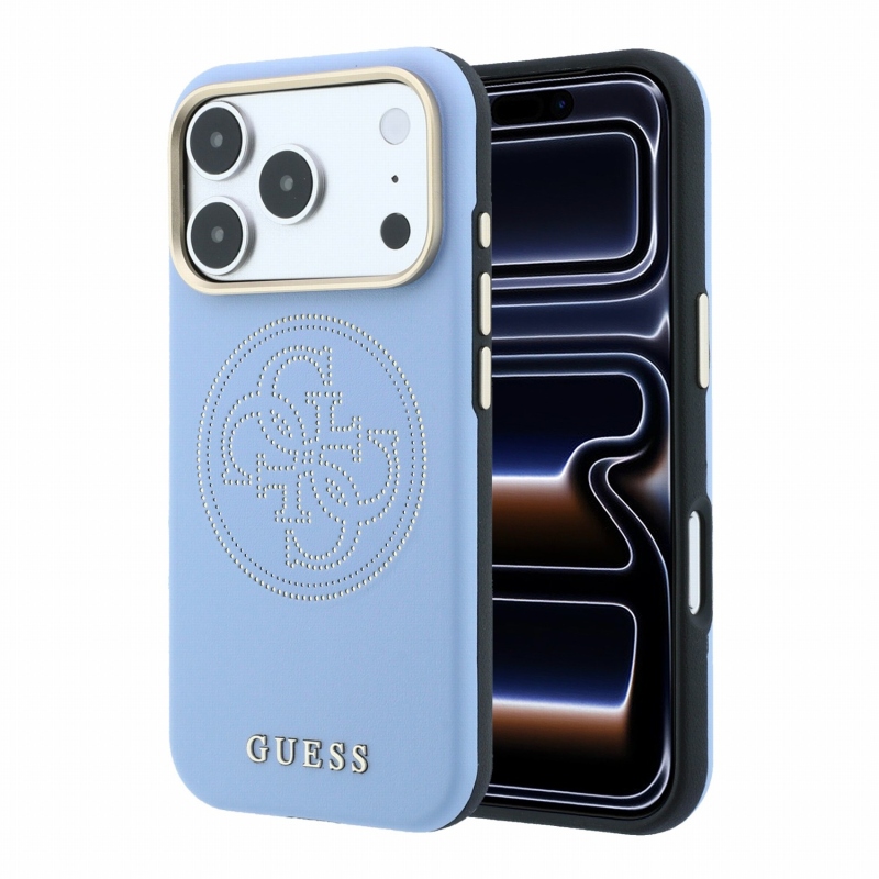 Guess PU Semi Wrap perforált 4G logós MagSafe hátsó tok iPhone 18 Pro Max-hoz, kék