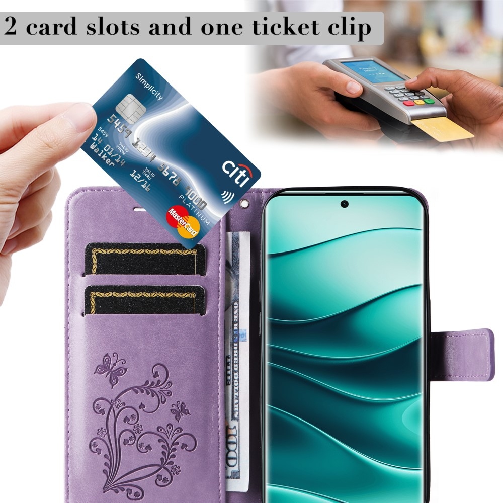 Nagy pillangó könyv tok a Xiaomi Redmi Note 14 Pro 5G/Poco X7 5G/Note 14 Pro+ 5G számára - lila