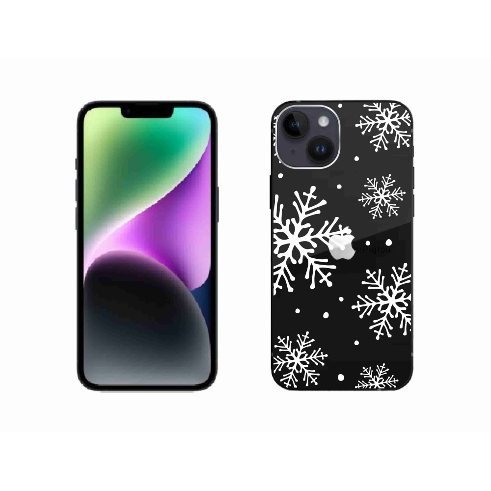 Zselés borítás mmCase iPhone 14 készülékhez - fehér pelyhek átlátszó háttéren