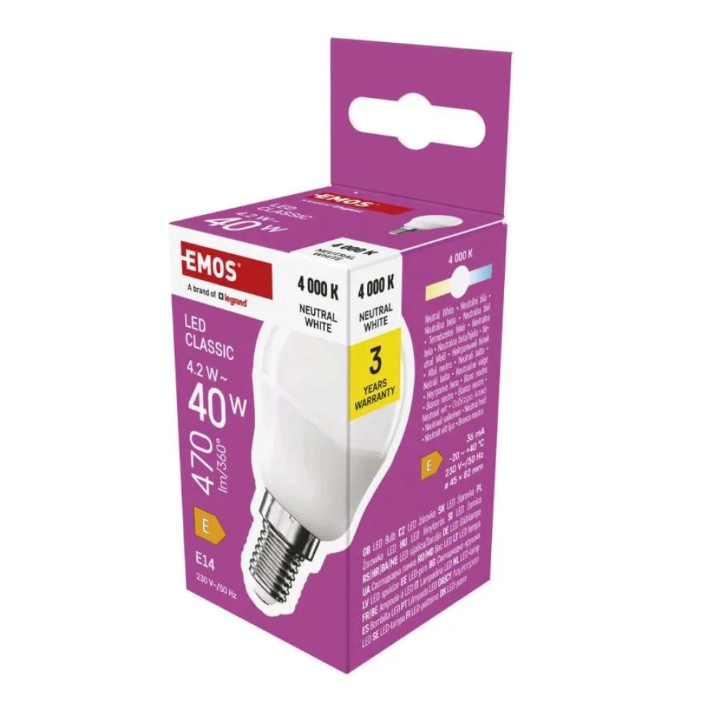 LED izzó Classic Mini Globe / E14 / 4,2 W (40 W) / 470 lm / semleges fehér